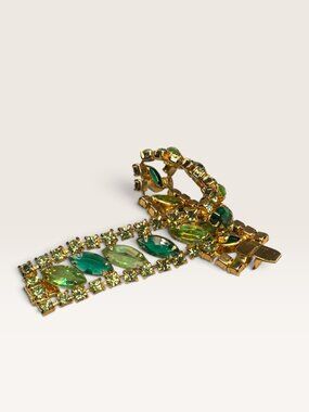 1950s Green Navette Chaton Crystal Rhinestone Tennis Bracelet 7" Vintage